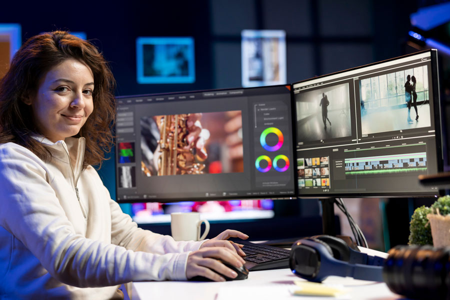 Portrait of smiling female video editor using special effects and editing software