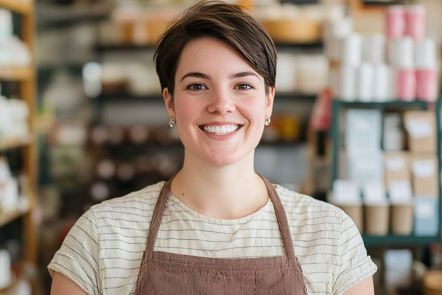 female staff member in brown apron smiling at the camera