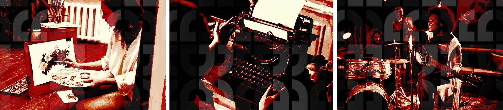 Collage of images with a stylized color overlay that shows a person painting, a person using a typewriter and a person on stage playing a guitar