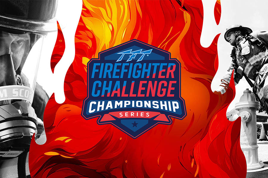 Promotional graphic for the Firefighter Challenge Championship Series. Centered is a logo with bold text surrounded by illustrated flames. To the left, a black and white photo shows a firefighter in full protective gear and oxygen mask. To the right, another black and white photo depicts a firefighter gripping a fire hydrant. The layout contrasts color and monochrome elements to emphasize the them