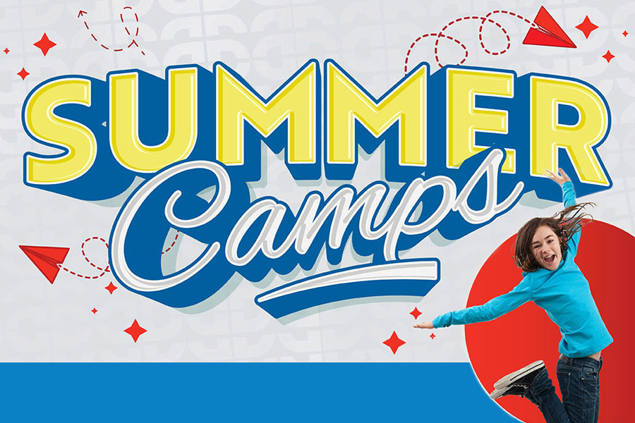 Colorful Summer Camps banner with bold text, red paper airplanes, and a person jumping in excitement.