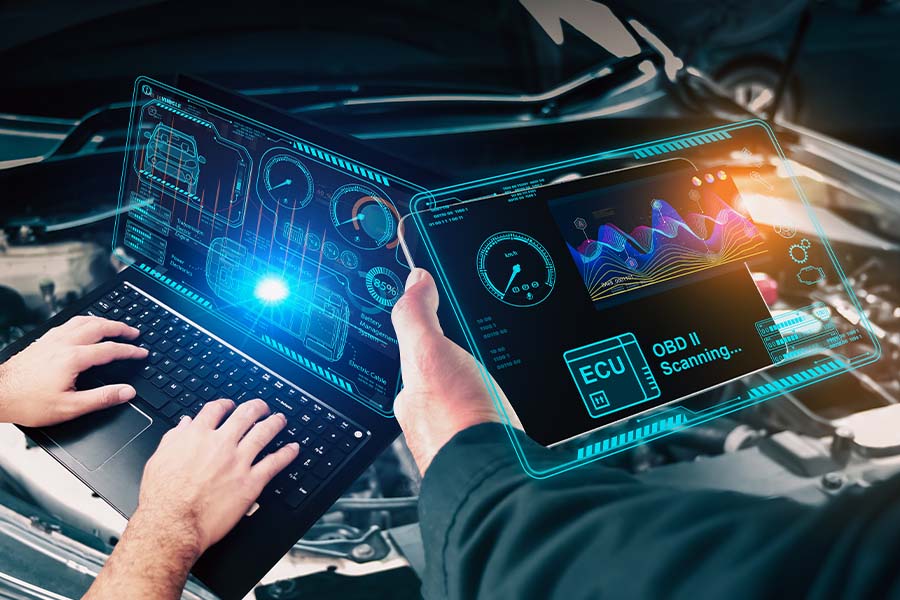 Technicians performing engine tests with diagnostic tools.