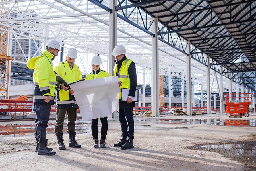 Construction workers studying blueprints at a worksite.