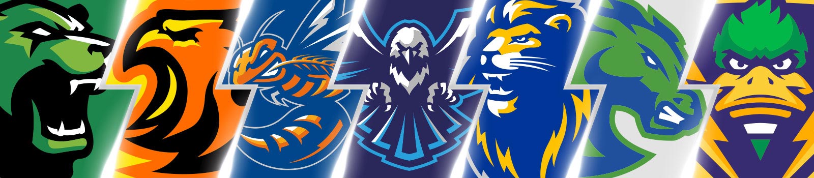 A collage of the Dallas College athletic mascots: bears, suns, harversters, eagles, lions, blazers, thunderducks