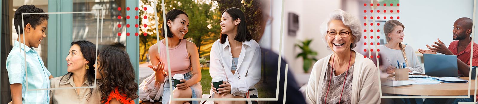 A collage of diverse individuals: a family outdoors, two friends smiling with drinks, an elderly woman laughing, and colleagues discussing in an office