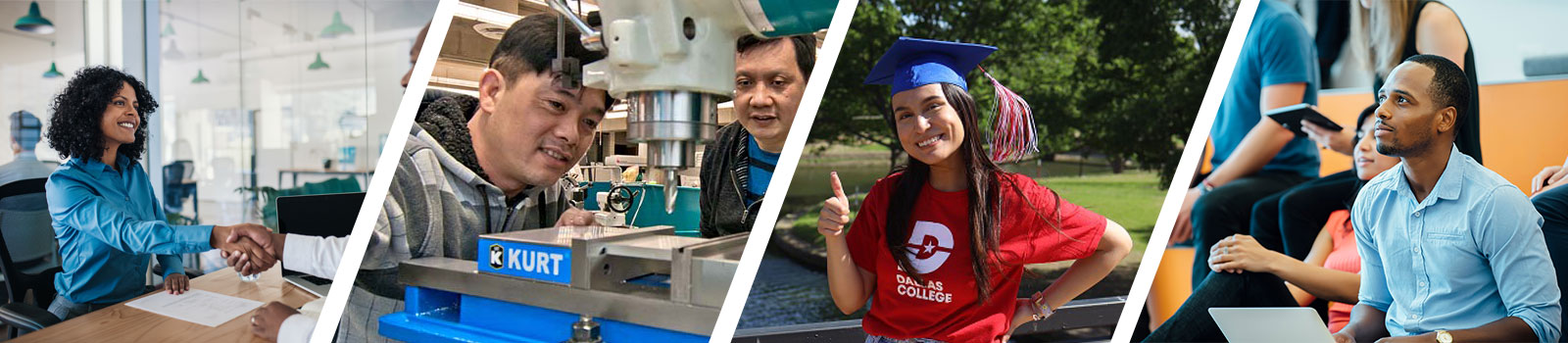 A collage of four images: a woman shaking hands in an office, a man operating machinery, a graduate in a cap and gown smiling outdoors, and a man attentively listening in a classroom