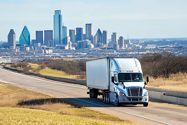 A semi truck drives down the road with the downtown Dallas skyline in the background