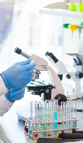 blue gloves holding test tubes with a microscope