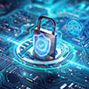 blue background with a steel lock portraying cybersecurity