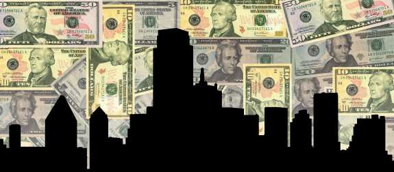 An illustration of the Dallas skyline with money filling the sky