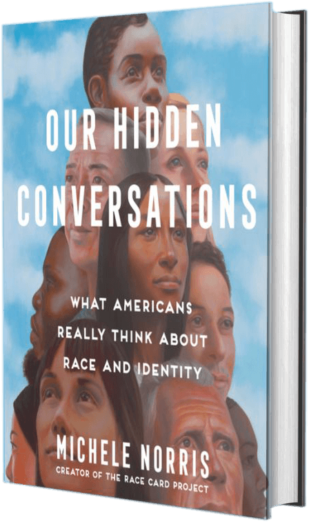 A book cover titled Our Hidden Conversations by Michele Norris features faces blending into a sky background