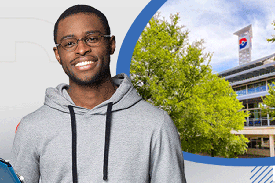 a young man wearing a hoodie and a Dallas College building