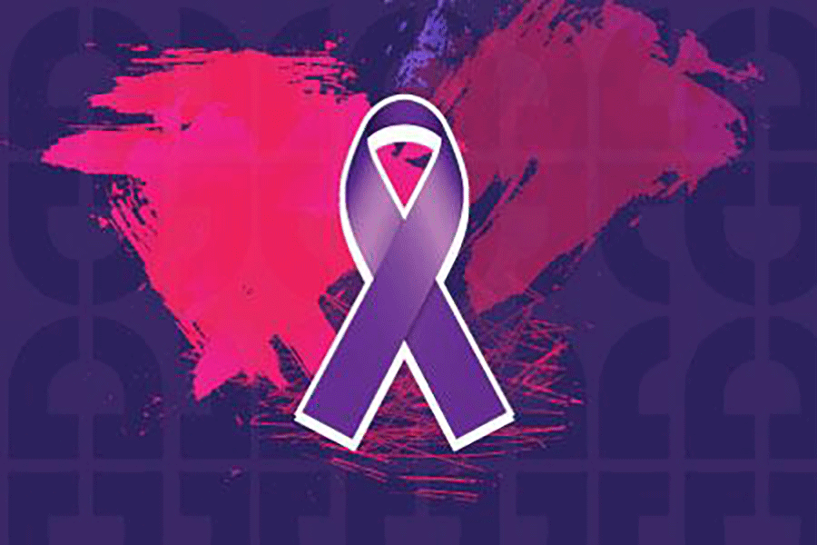 a purple ribbon against a pink and purple background