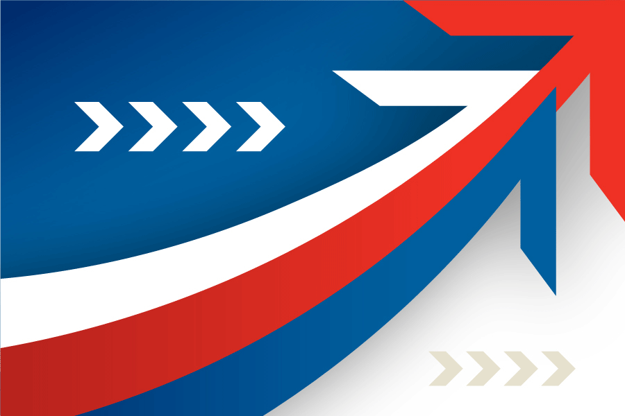 red, white and blue arrow pointing up and to the right