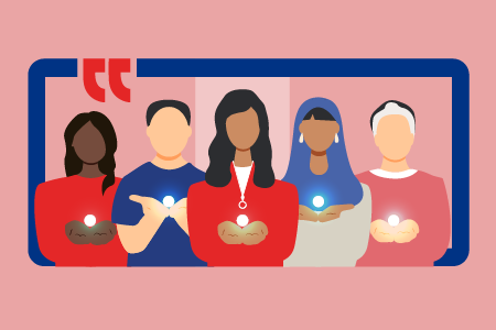 Illustration of 5 women holding a glowing ball in their hands.