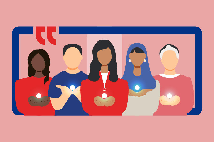 Illustration of 5 women holding a glowing ball in their hands.