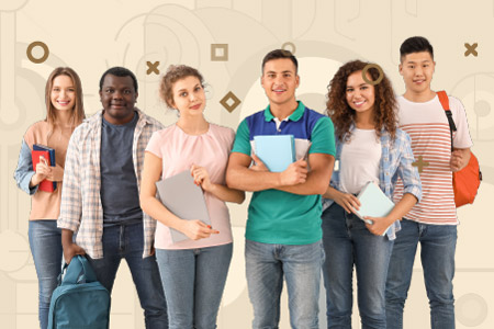 Group of six diverse students standing side by side holding books, with abstract geometric shapes in the background