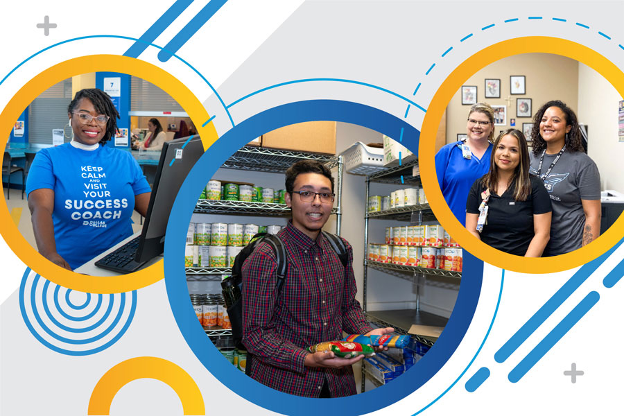 a student at a food pantry and Student Care Network employees