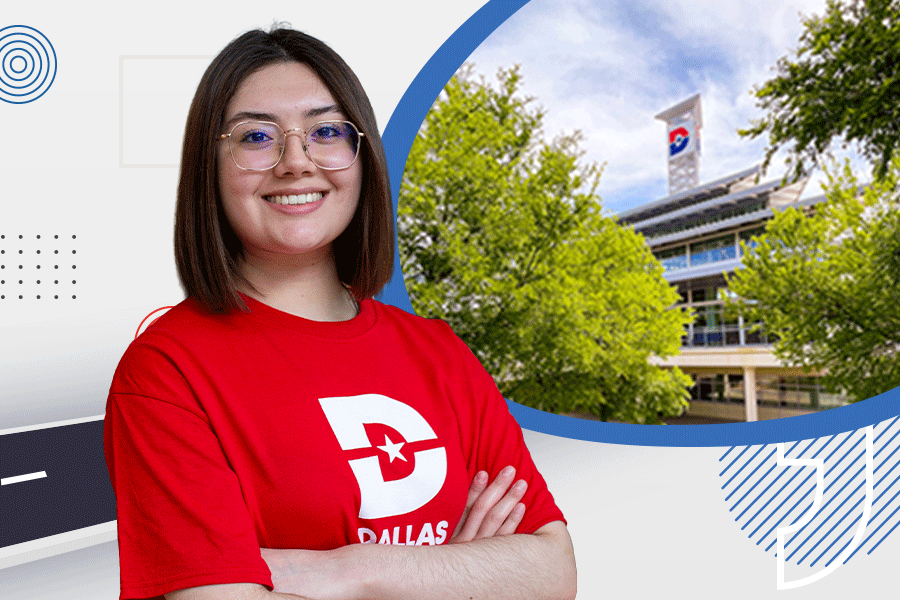 a young woman wearing a red Dallas College T-shirt; in the background, a Dallas College building