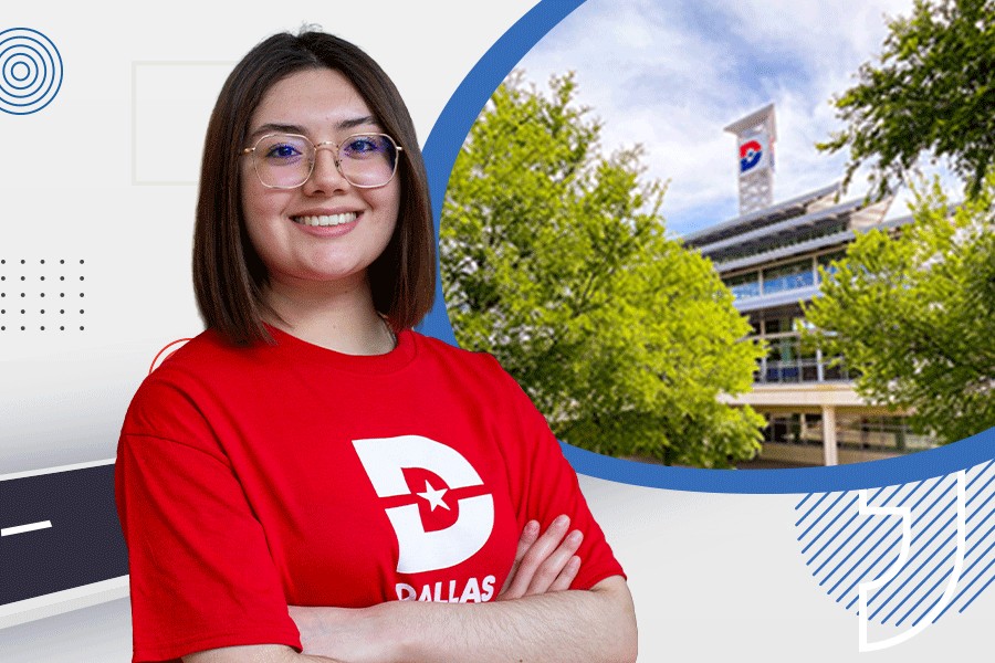 a young woman wearing a red Dallas College T-shirt; in the background, a Dallas College building