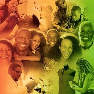 A collage of families and individuals with a red, yellow and green gradient overlay