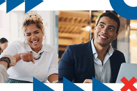 a woman fist-bumps another person and a man wearing a suit smiles