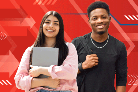 a young woman holding a laptop and a young man with a backpack over his shoulder