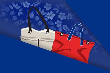 white and red handbags against a blue background