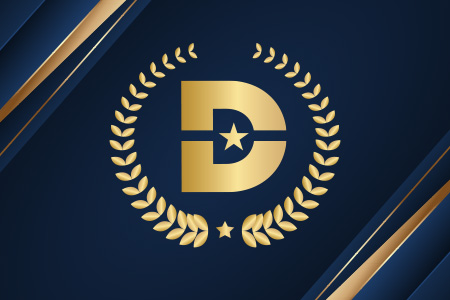 Gold Dallas College logo and laurel wreath on a dark blue background with gold and blue diagonal stripes, symbolizing a distinction award.