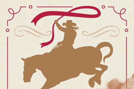 silhouette of a cowboy riding a horse waving a red ribbon