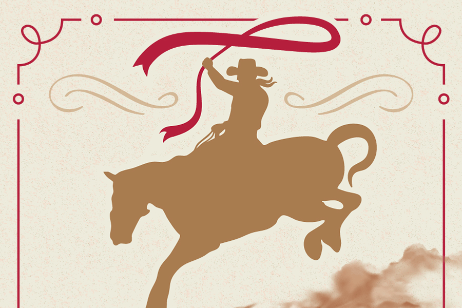 silhouette of a cowboy riding a horse waving a red ribbon
