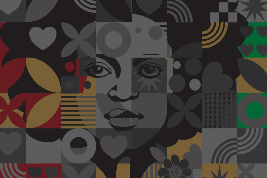 illustration of a person's face with various symbols in red, green, yellow, gray and black