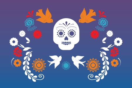 a skull surrounded by birds and flowers