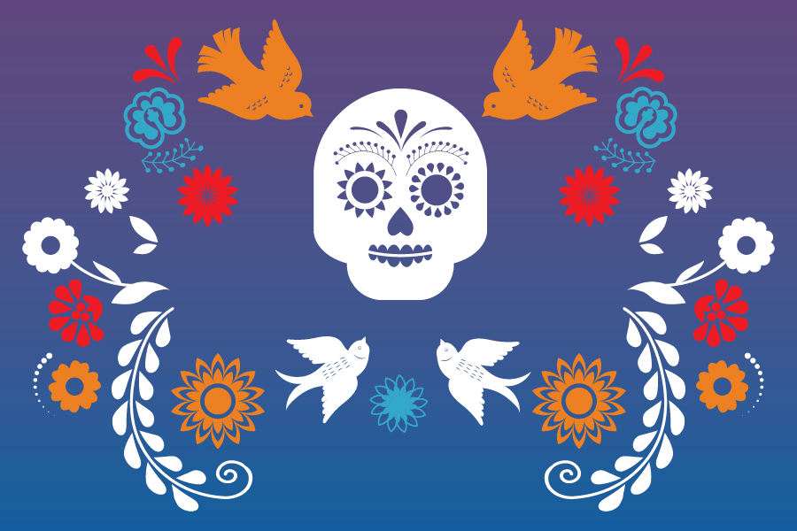 a skull surrounded by birds and flowers