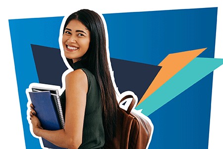 a smiling young woman is wearing a backpack and carrying some notebooks