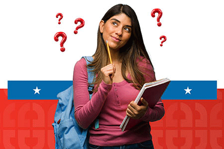 a young woman wearing a backpack and carrying a notebook; question marks float around her head