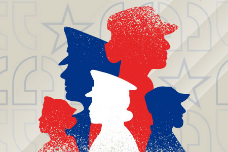 red, white and blue sihouettes of people in military uniforms