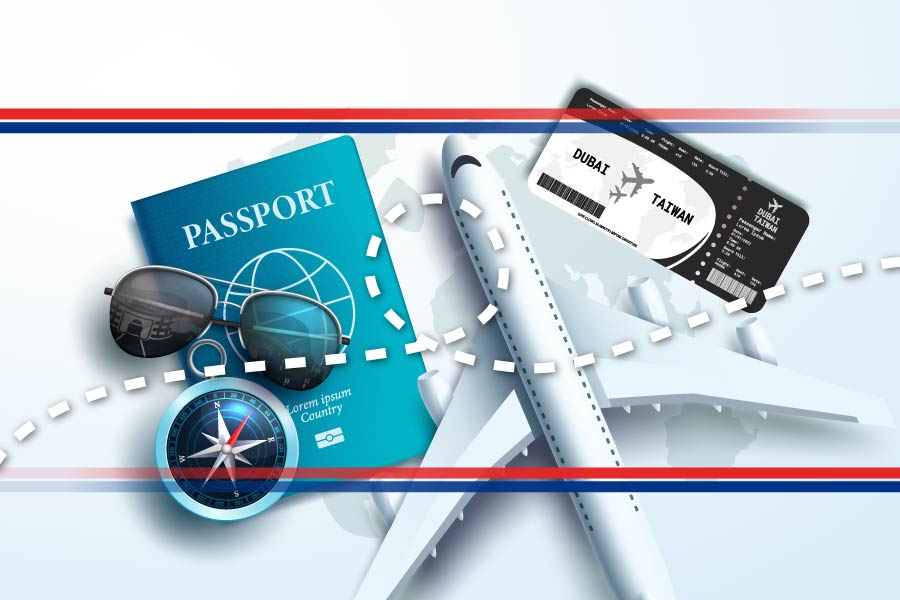 Travel-themed image with passport, sunglasses, compass, and airplane ticket.