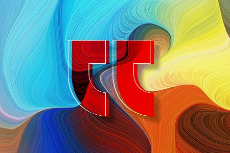 A colorful abstract paint design with quotation marks in the center