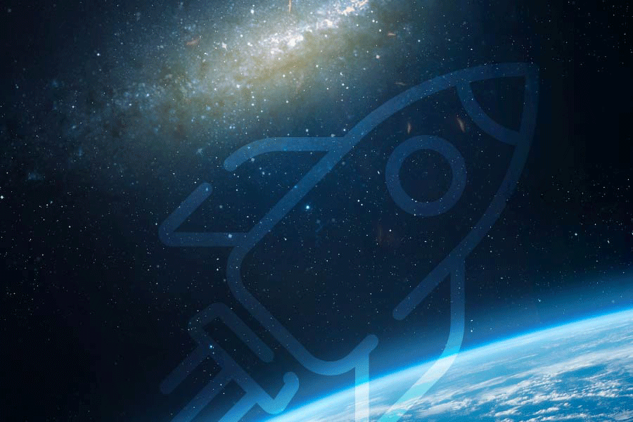 outline of a rocket ship against an image of the night sky