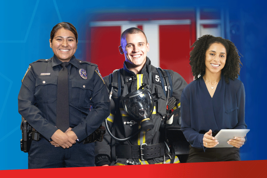 a woman in a police uniform, a man in a firefighter's uniform and a woman in business attire