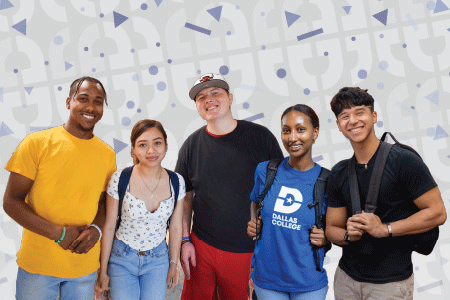 diverse group of students against a blue and white confetti background