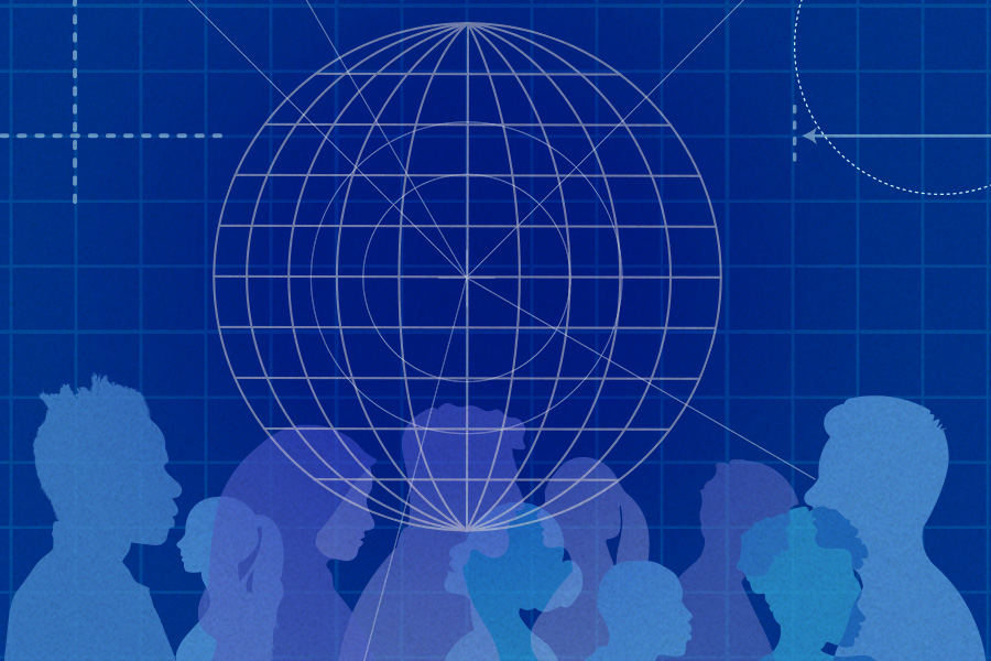 blue abstract graphic of silhouettes of people connected by lines