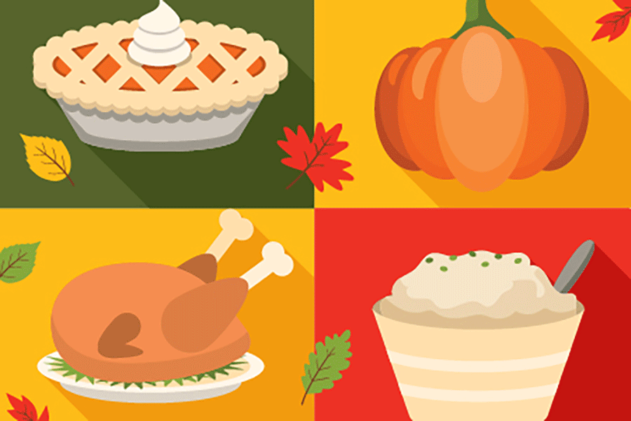 a pie, a pumpkin, a turkey, mashed potatoes