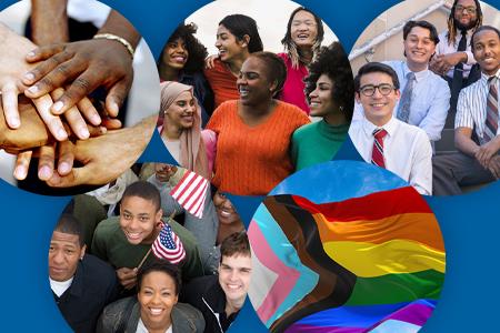 collage of photos of diverse students, an LGBTQ+ flag and diverse hands stacked together