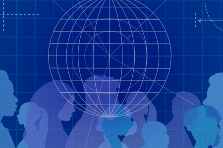 blue abstract graphic of silhouettes of people connected by lines