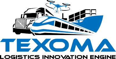 Logo for TEXOMA Logistics Innovation Engine featuring a truck, train, cargo ship with containers, and a drone above the text 'TEXOMA Logistics Innovation Engine'.