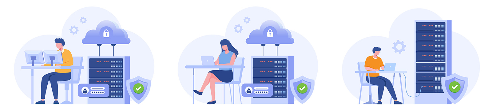Three scenes of people working on computers next to server racks with cloud security icons.
