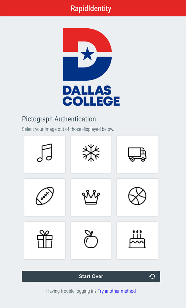 Dallas College RapidIdentity login screen with pictograph authentication grid.