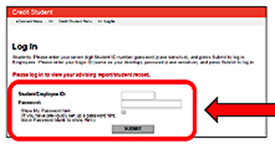 Credit Student login page with fields for ID and password, and a red arrow pointing to the login section.
